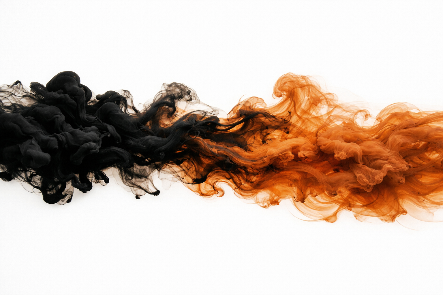 Abstract ink art in black and warm cognac tones flowing across a white background